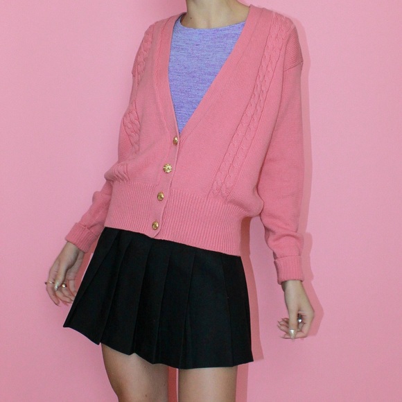 VTG 90s/y2k Mauve 100% Cotton Deep V-Neck Chunky Knit Fisherman Cardigan - Small - Picture 5 of 9